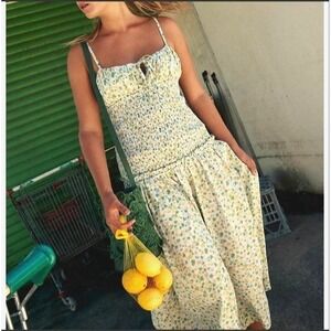 Free People Lavender Daze Green Yellow Dress Med Smocked Drop Waist Cottage NWOT